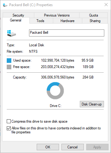 Jendela Properti HDD melihat drive yang berisi file data Anda kehabisan ruang disk