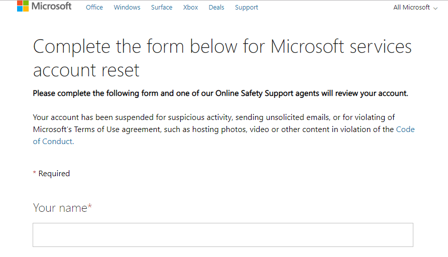 Microsoft-Reset-Formular Microsoft Office-Konto gesperrt