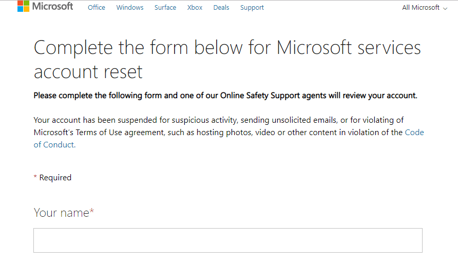 Microsofti lähtestamisvorm Microsofti kontorikonto on blokeeritud