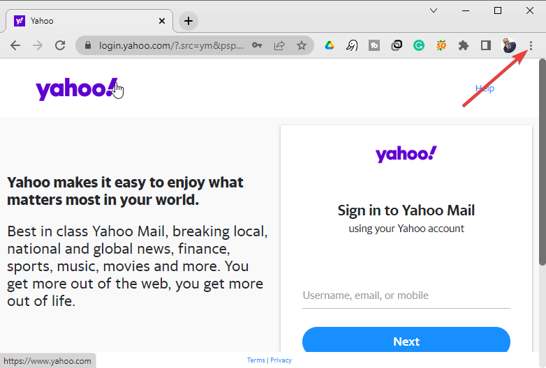 Меню Chrome - почта Yahoo не работает в Chrome