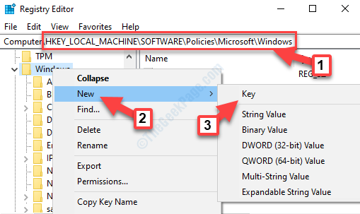 Editor databázy Registry Prejdite na cestu Windows Kliknite pravým tlačidlom myši na Nový kľúč