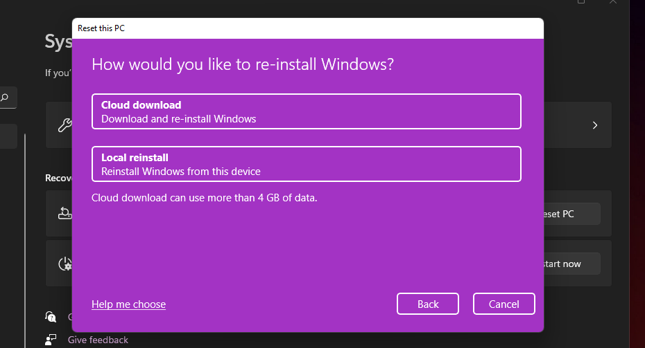 Opțiunile de reinstalare Windows 11 continuă să înghețe