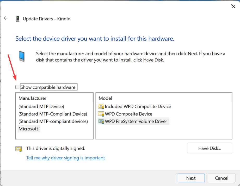 Kindle'ı tanımayan Windows 11'i düzeltmek için uyumlu donanımı göster seçeneğinin işaretini kaldırın.