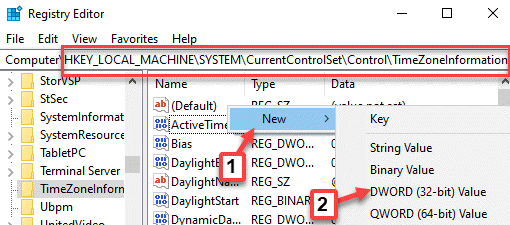Urejevalnik registra Pomaknite se na informacije o časovnem pasu Z desno miškino tipko kliknite Novo vrednost Dword (32 bit)