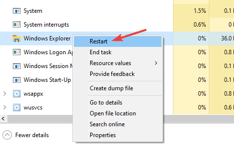 iš naujo paleiskite „Windows Explorer“ elementus, pritvirtintus prie užduočių juostos, išnyksta „Windows 10“.