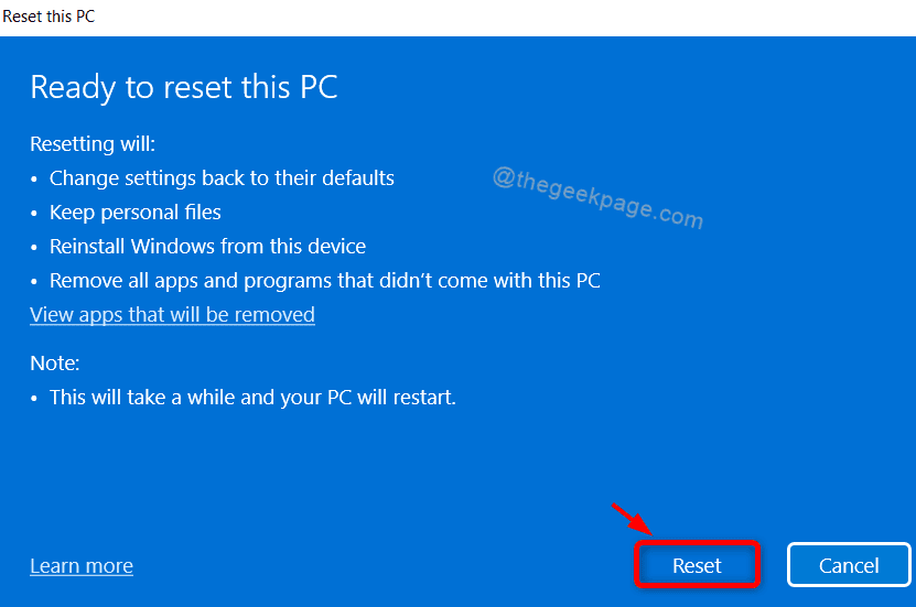 Letzter Schritt Reset PC Win11