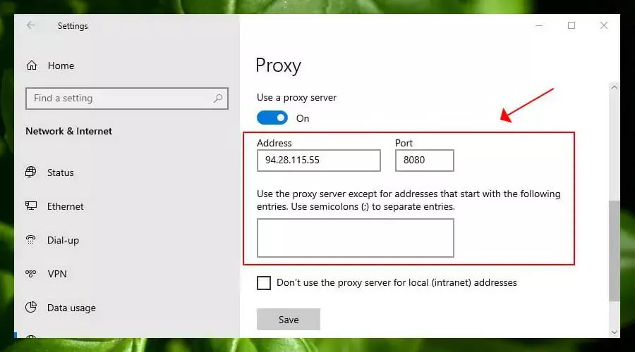 comprobar el proxy de Windows 10