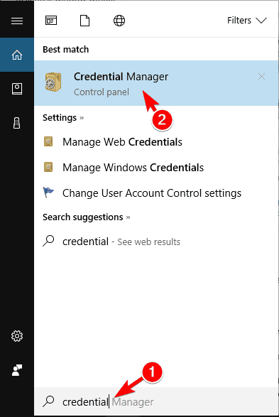 credential manager zoekresultaten De set mappen kan niet worden geopend