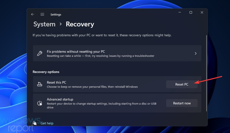 Tlačítko Reset PC Windows Update Něco se pokazilo Windows 11