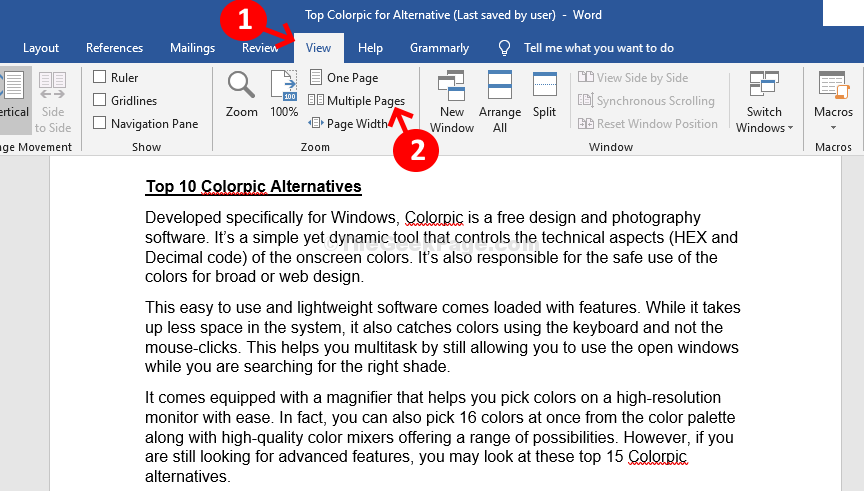 Ms Word View Tab Più pagine