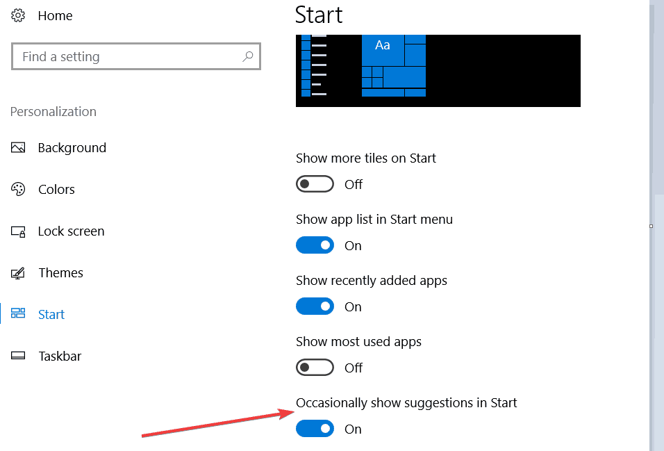 제안 비활성화 Windows 10 시작