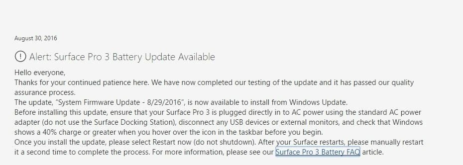 La dernière mise à jour du micrologiciel Surface Pro 3 résout les problèmes de batterie