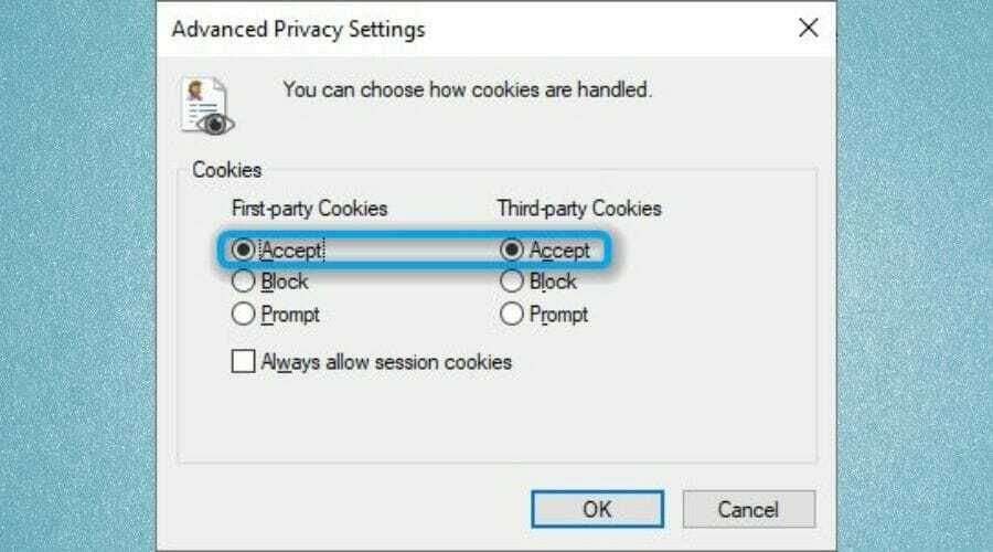 Internet Explorer Prihvatite kolačiće