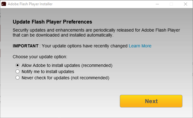 aggiorna le preferenze del flash player