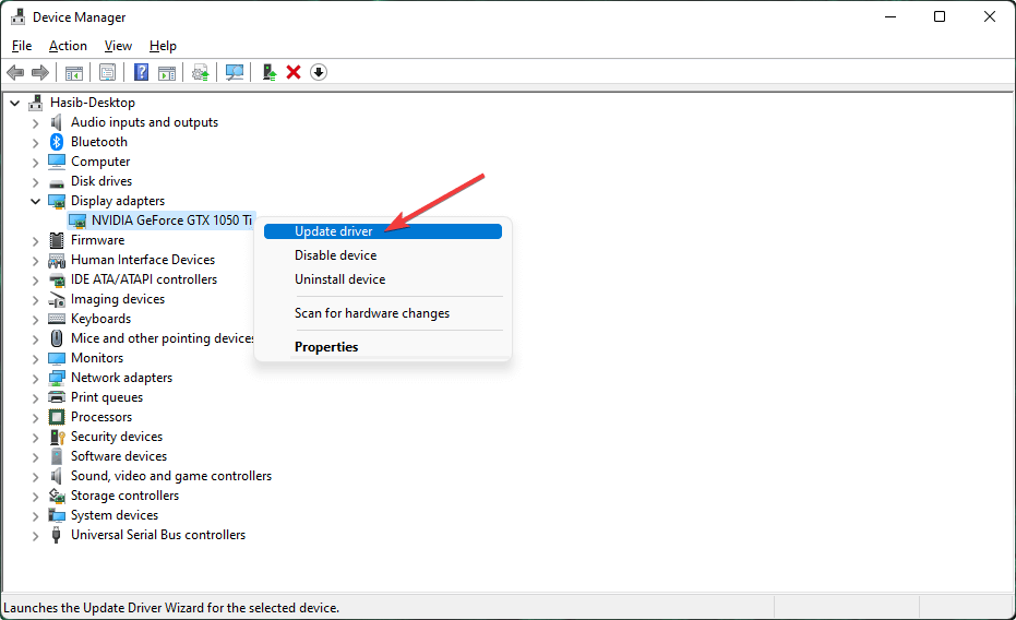 făcând clic pe Actualizați driverul de pe placa grafică din managerul de dispozitive Windows
