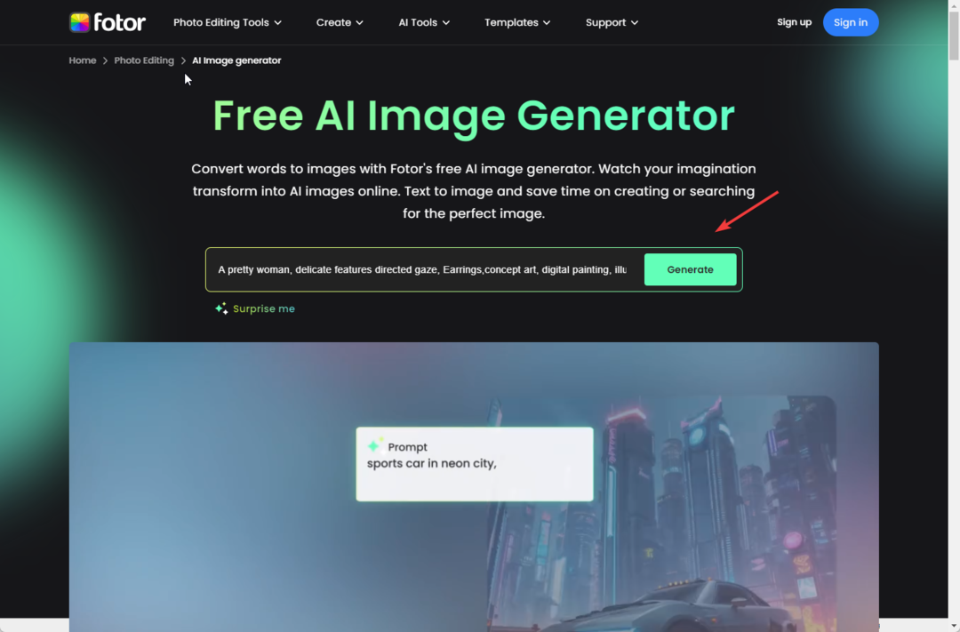 Klicken Sie auf Fotor AI-Bildgenerator generieren