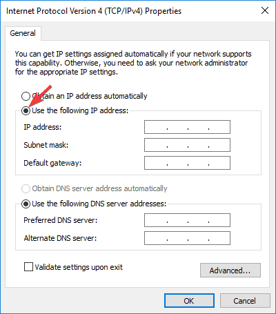 השתמש בכתובת ה- IP הבאה לא יכול ליצור קשר עם שרת DHCP