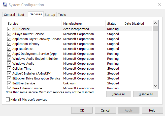 Indstillingen Skjul alle Microsoft-tjenester steamvr-fejl 306