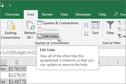 Rediģēt saites opcija Excel fails neizjauks saites