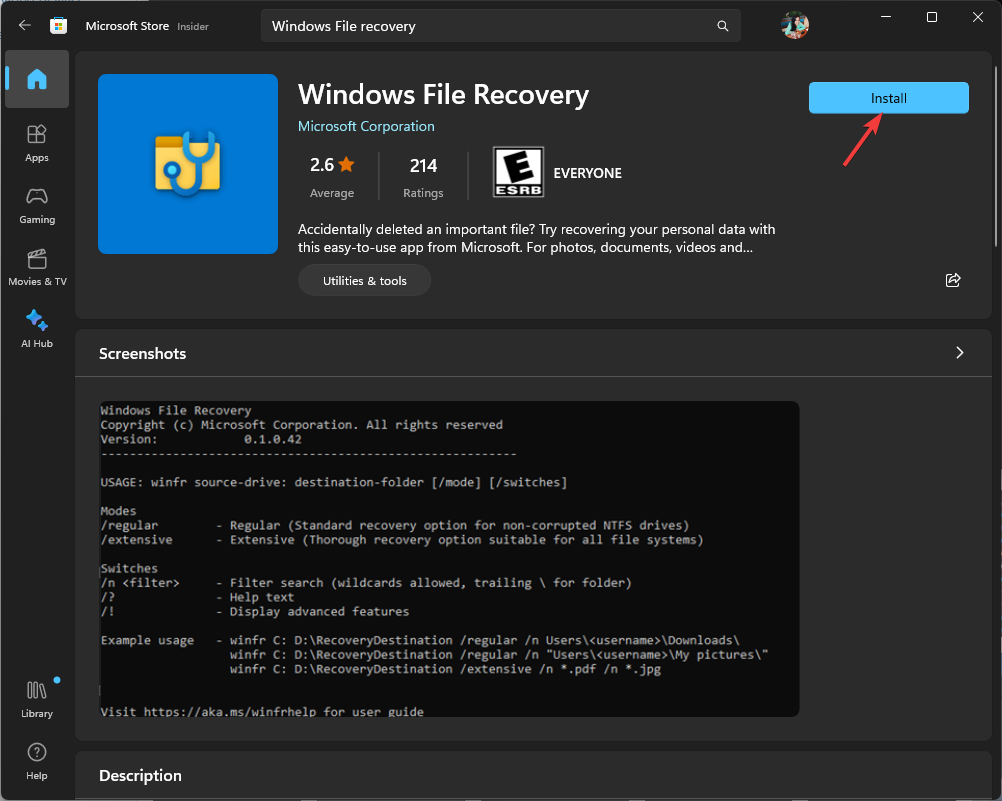 Windows File Recovery i sökrutan och klicka på Installera