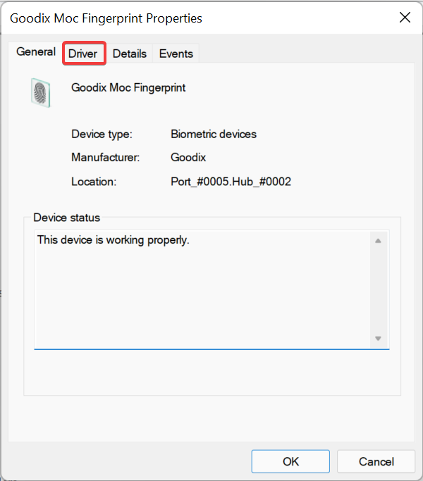 Tvarkyklės skirtukas, skirtas nustatyti, kad „Dell XPS“ pirštų atspaudų skaitytuvas neveikia