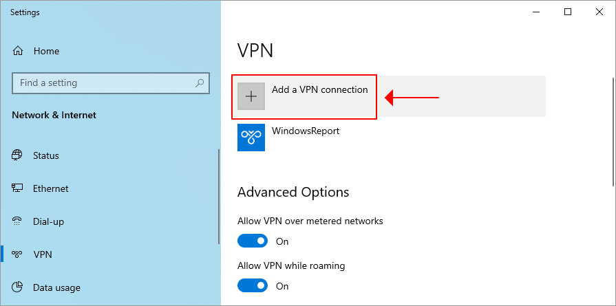 lisää VPN-yhteys Windows 10: een