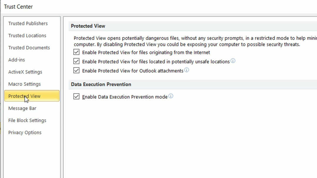 Параметри захищеного перегляду, який файл не вдалося відкрити в захищеному вигляді