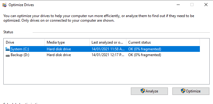 ottimizza la velocità dell'unità Windows 10