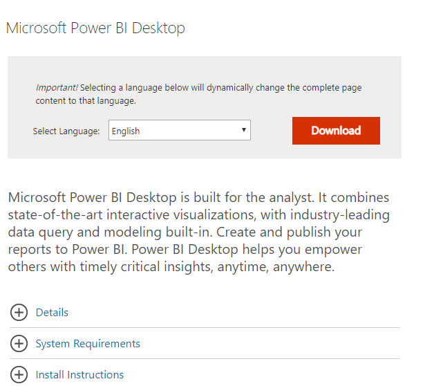 Página de download do Power BI Desktop O Power BI Desktop não faz login