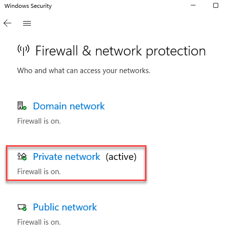 Windows Security Firewall og netværksbeskyttelse Privat netværk