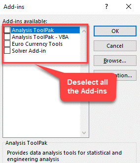 הוסף תוספות של Excel בטל את הסימון של הכל הוסף תוספות