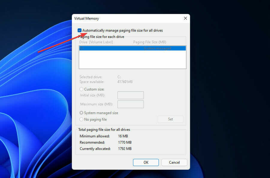 תיבת הסימון נהל אוטומטית את גודל קובץ ההחלפה עבור כל הכוננים בעיות של סימולטור טיסה של Windows 11