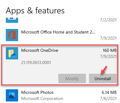 Impostazioni App e funzionalità Disinstallazione di Microsoft Onedrive
