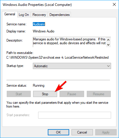 Garsumo valdymas pilkos spalvos „Windows 10“ laikinai sustabdo „Windows Audio“ paslaugą