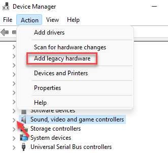 डिवाइस प्रबंधक ध्वनि, वीडियो और गेम नियंत्रक लीगेसी हार्डवेयर जोड़ें