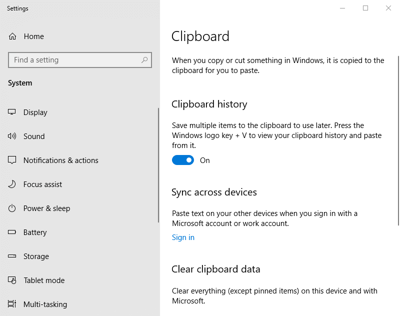 Параметр історії буфера обміну Windows 10 Історія буфера обміну не працює
