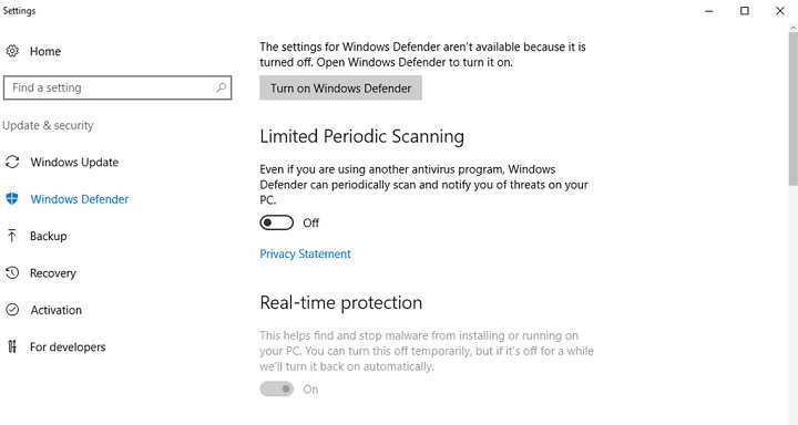 Beperkte periodieke scan van Windows Defender wordt niet uitgeschakeld