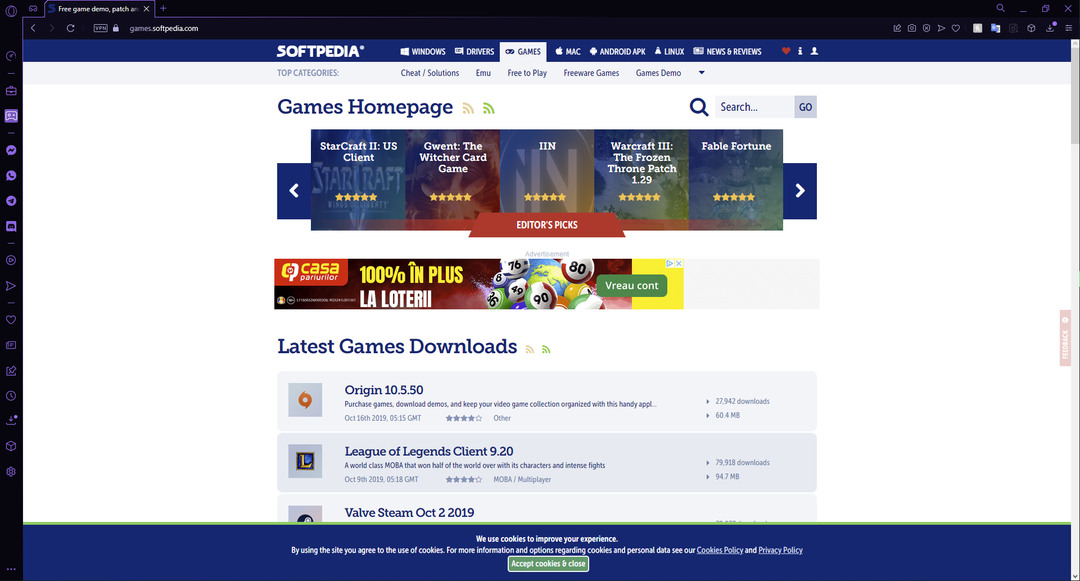 Softpedia weboldal számítógépes játékok letöltéséhez.