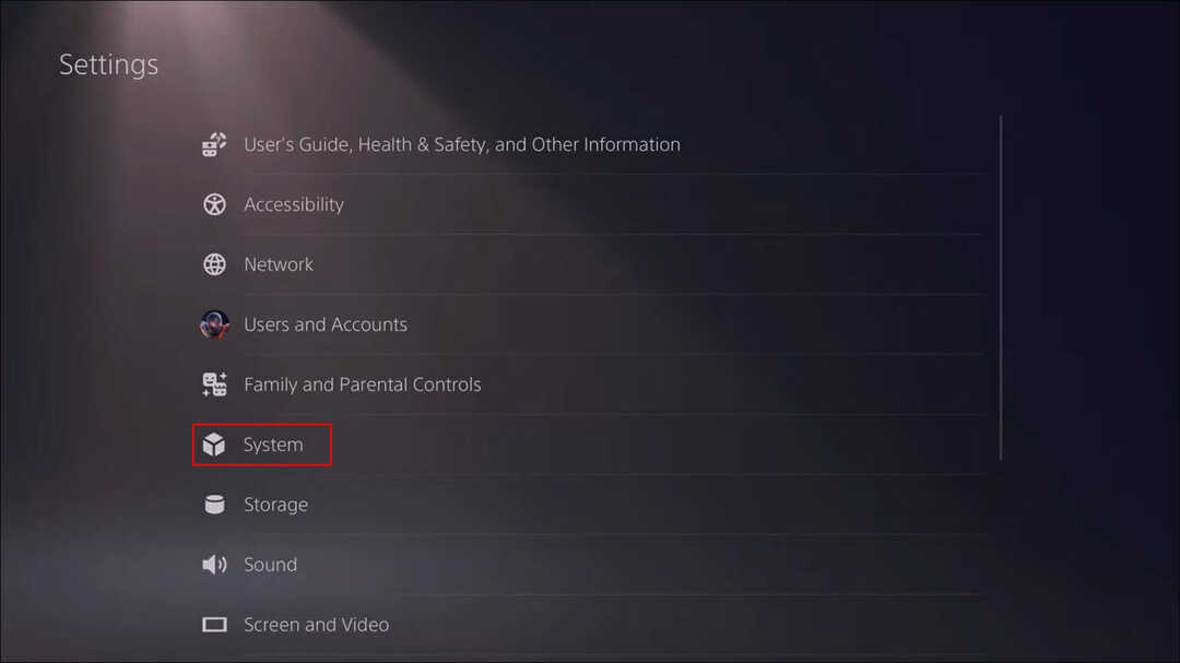 PS5 ayarları sayfasında Sistem'i seçme