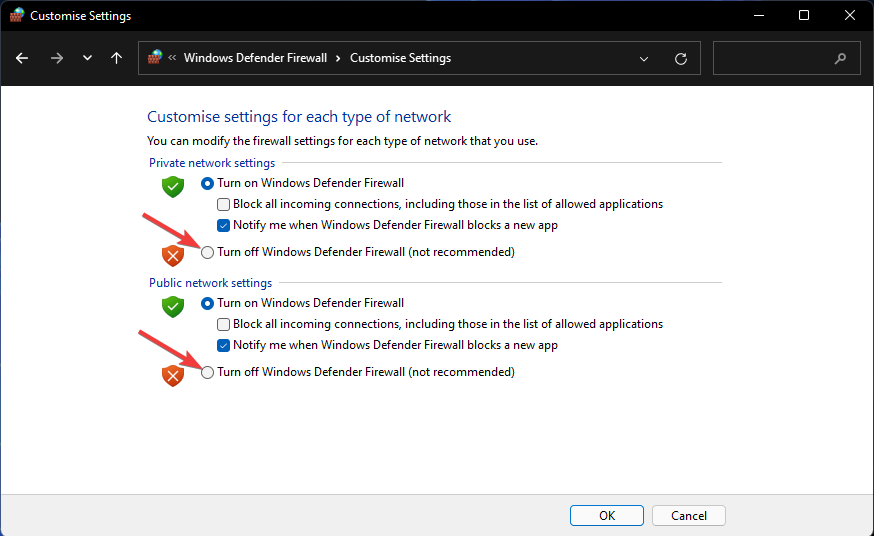 Η επιλογή Απενεργοποίηση τείχους προστασίας του Windows Defender σφάλμα ενεργοποίησης των Windows 11 0x87e10bc6