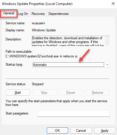 คุณสมบัติ Windows Update ทั่วไป ประเภทการเริ่มต้น อัตโนมัติ ใช้ Ok