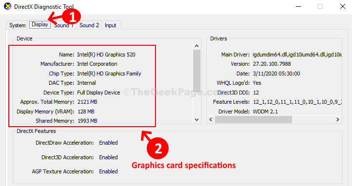 „Directx“ diagnostikos įrankio rodymo kortelės grafikos plokštės specifikacijos