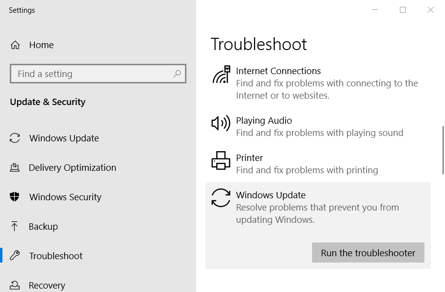 Вкладка «Усунення несправностей» Помилка Windows Update Error 0xc190011f