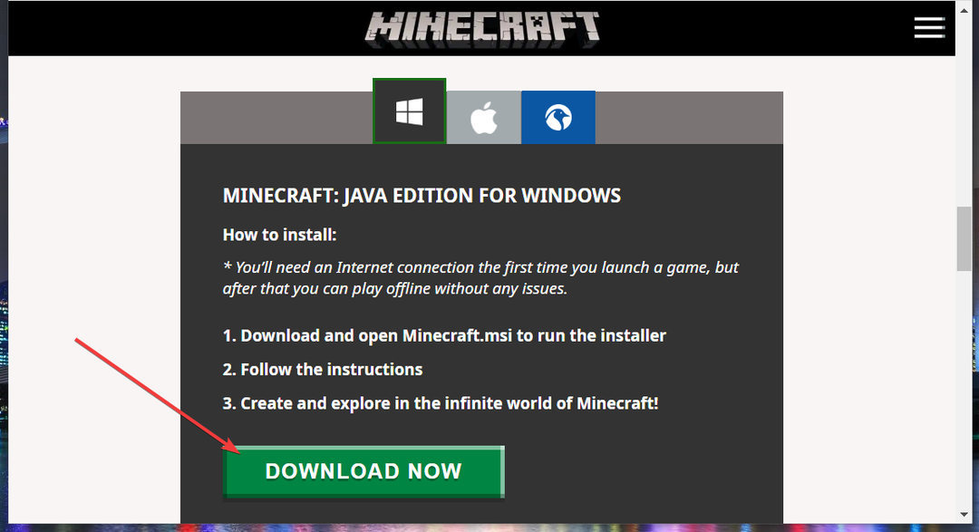 Jetzt herunterladen Schaltfläche Minecraft herunterladen Windows 11