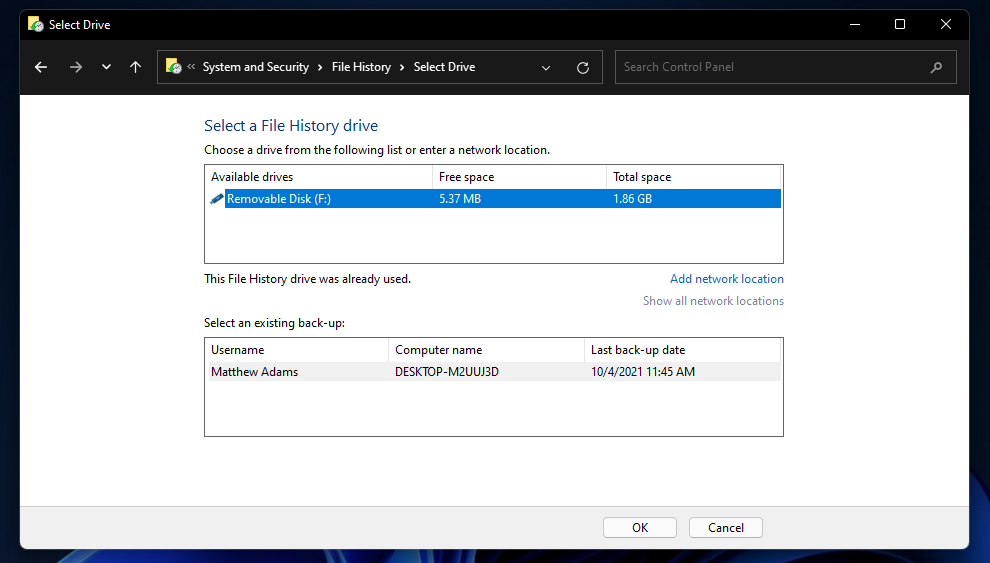 Der Dateiverlauf der ausgewählten Laufwerksoptionen für Windows 11