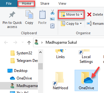 Perfil de usuário do File Explorer Onedrive Mover para casa