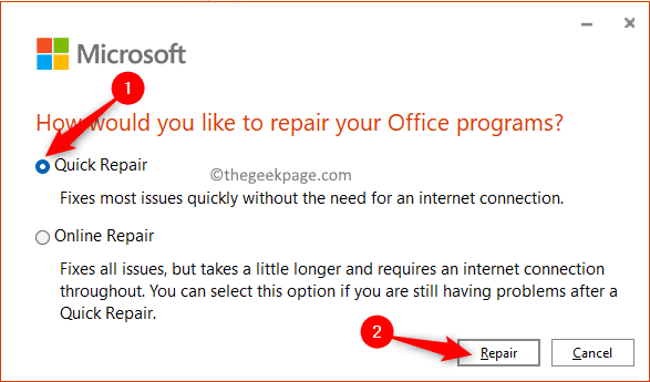 Riparazione rapida di Microsoft Office min