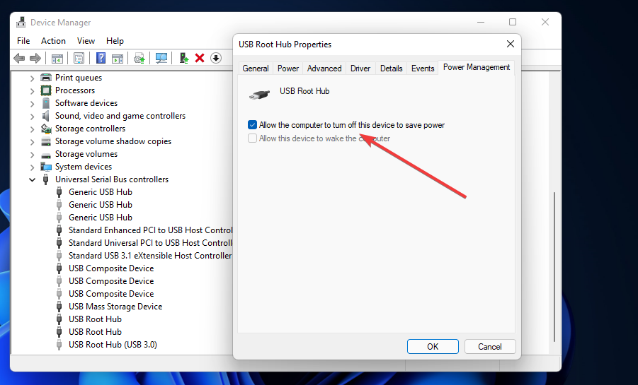 A számítógép kikapcsolhatja ezt az eszközt jelölőnégyzet, ha a Windows 11 nem ismeri fel az USB-t