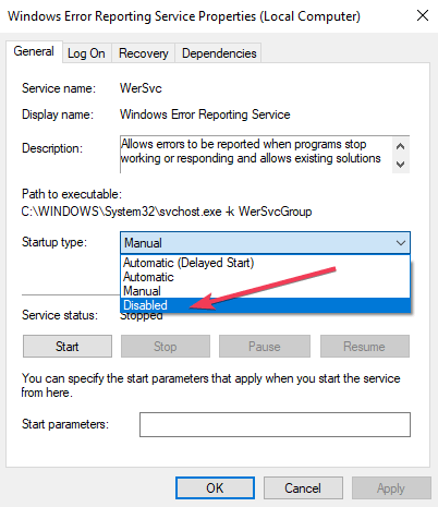 deaktiver Windows feilrapporteringstjeneste