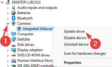 Fare clic con il pulsante destro del mouse su Webcam integrata in Gestione dispositivi e selezionare Aggiorna driver